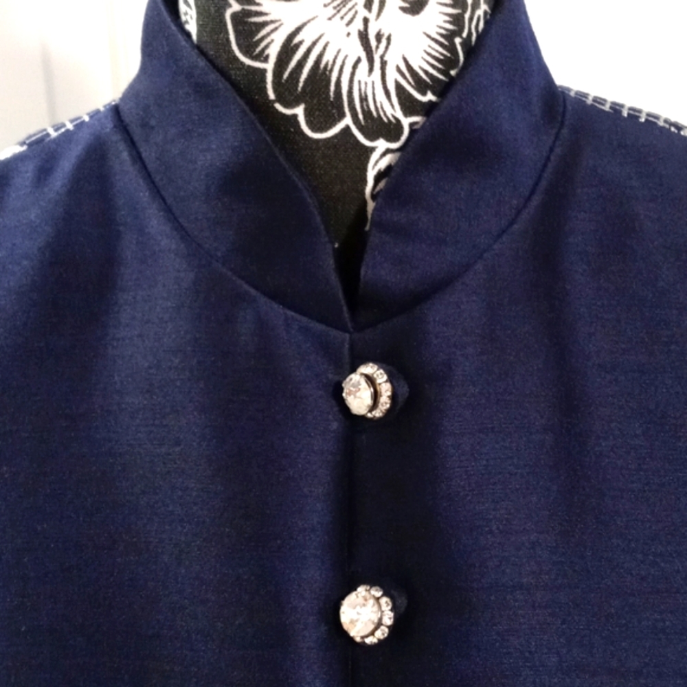 💙VTG 1960s Oscar de la Renta💙 - Navy Silk & Silver Metallic Plaid Mod Dress - Picture 6 of 16